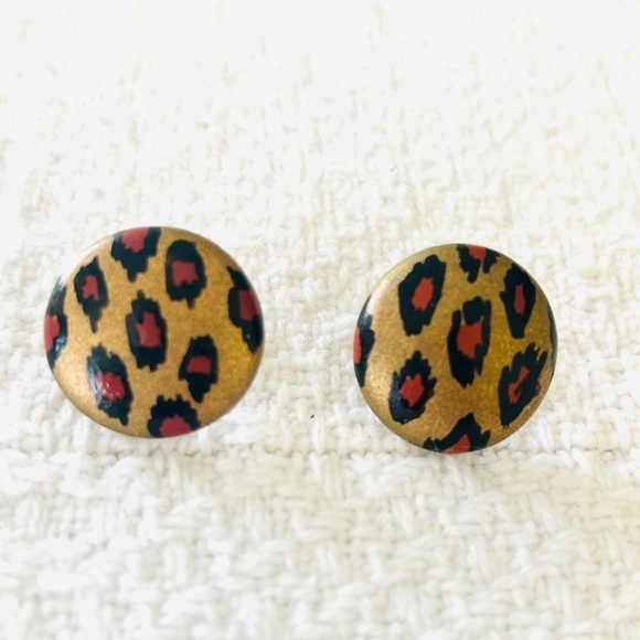 Jewelry - Vintage 1990s Button Stud Earrings Leopard Print Round Bronze Tan Black Design
